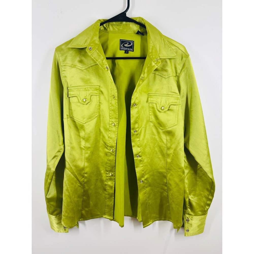 Vintage Roper Lime Green Satin Western Snap Shirt Long Sleeve Pearl Snap Medium